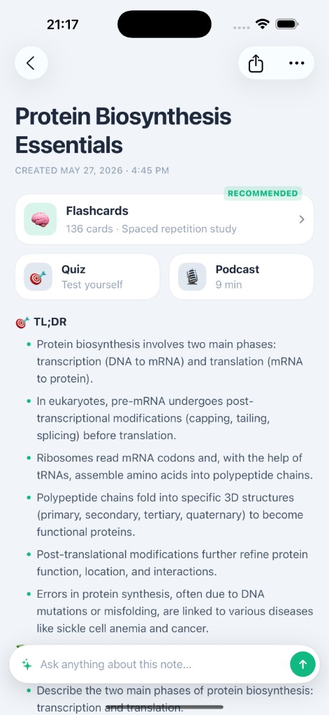 Note detail with AI summary, flashcards, quiz, and podcast